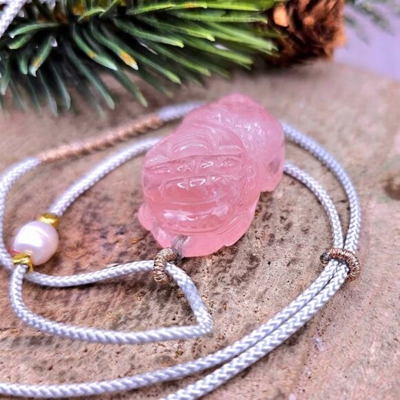 Nature Rose Quartz Pi Xiu Hand Braided Pendant Necklace - Picture 9 of 10